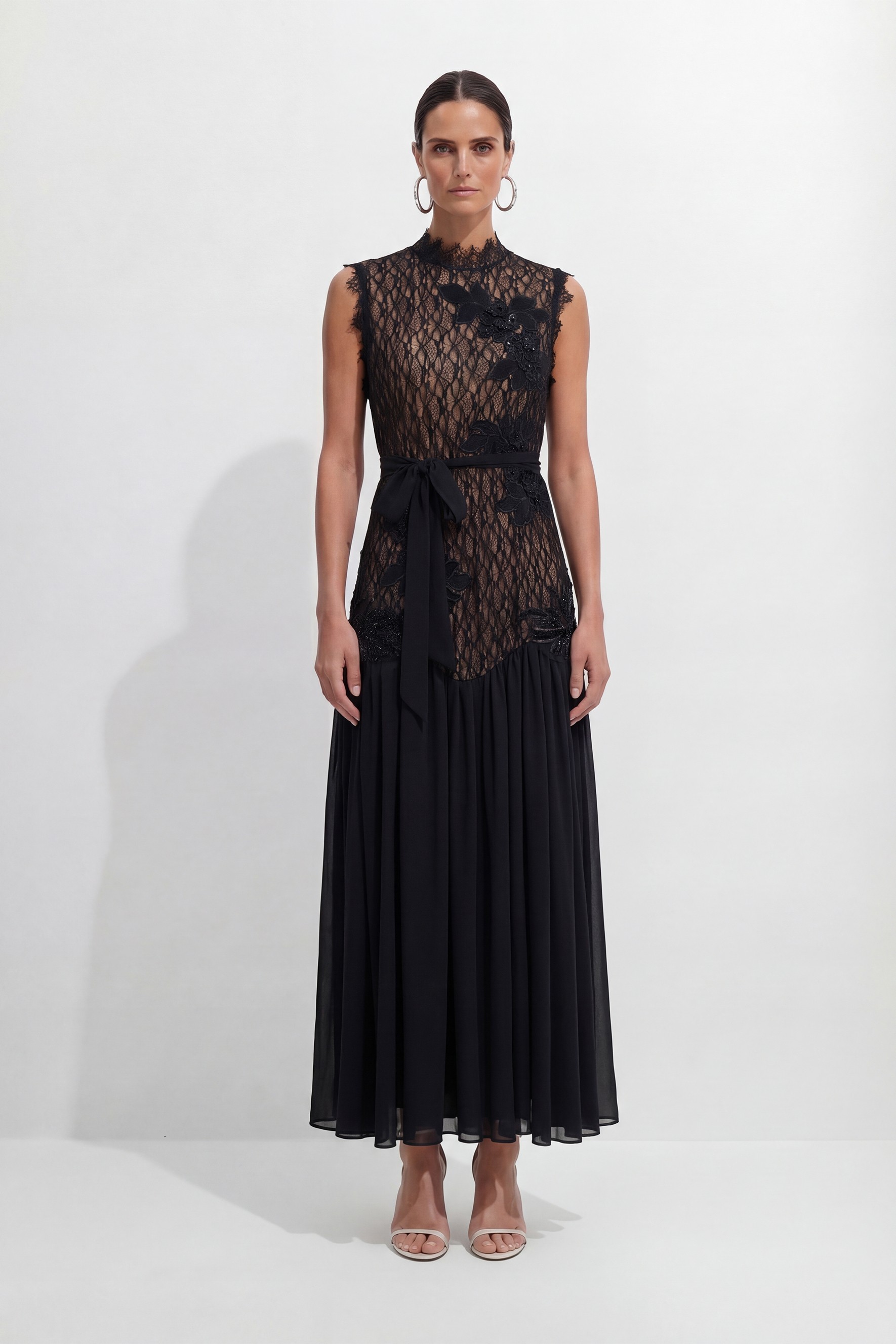 Out In Elegance Black Floral Applique Lace Bodice Maxi Dress